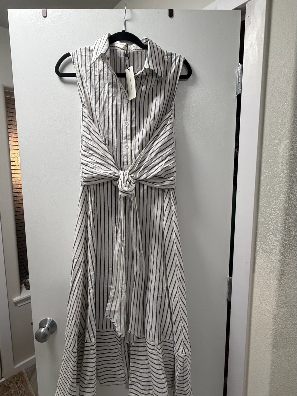 Commense White and Black Striped Tie-Front Dress